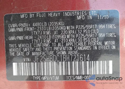 2011 Subaru Forester 2.5X Premium из США, поврежденный, VIN JF2SHBDC1BH721614